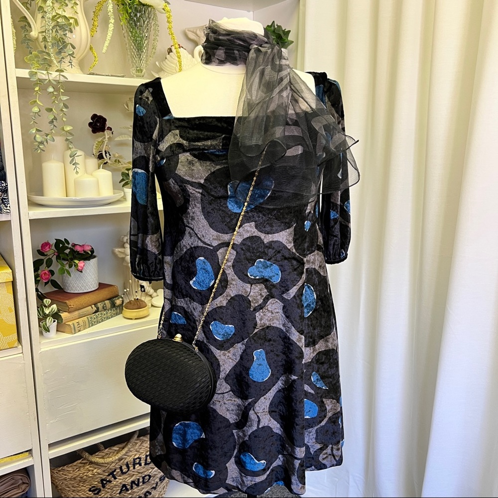 Miss Sixty Y2K 60s Inspired Abstract Psychedelic Square Neck Velvet Mini Dress